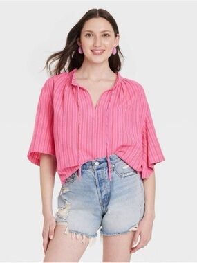 Women’s sz S Flowy Elbow Sleeve Popover Blouse Universal Thread Pink Striped